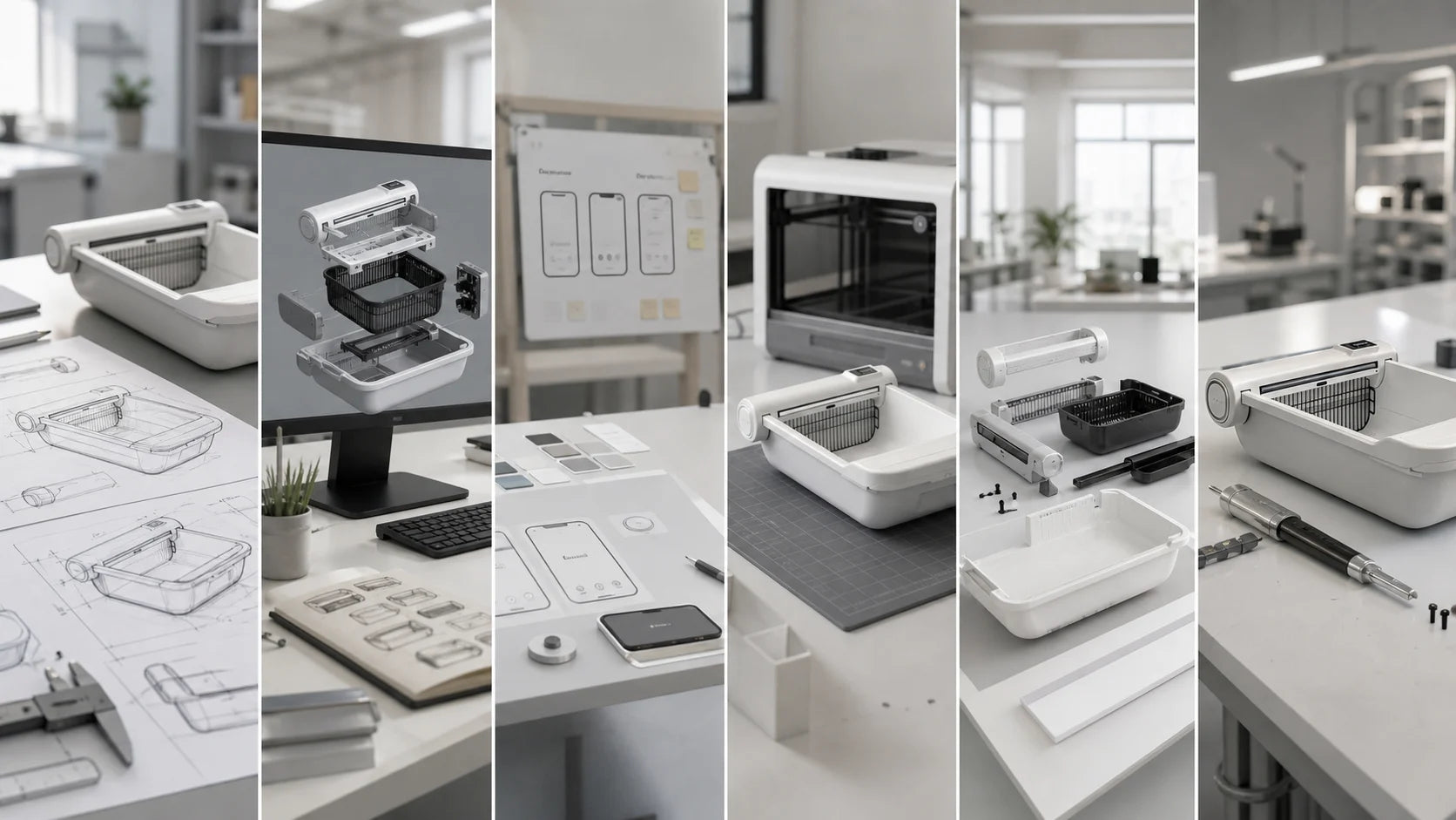 Illustrative six-stage development process from product sketch and CAD to prototyping, molded parts, and assembly