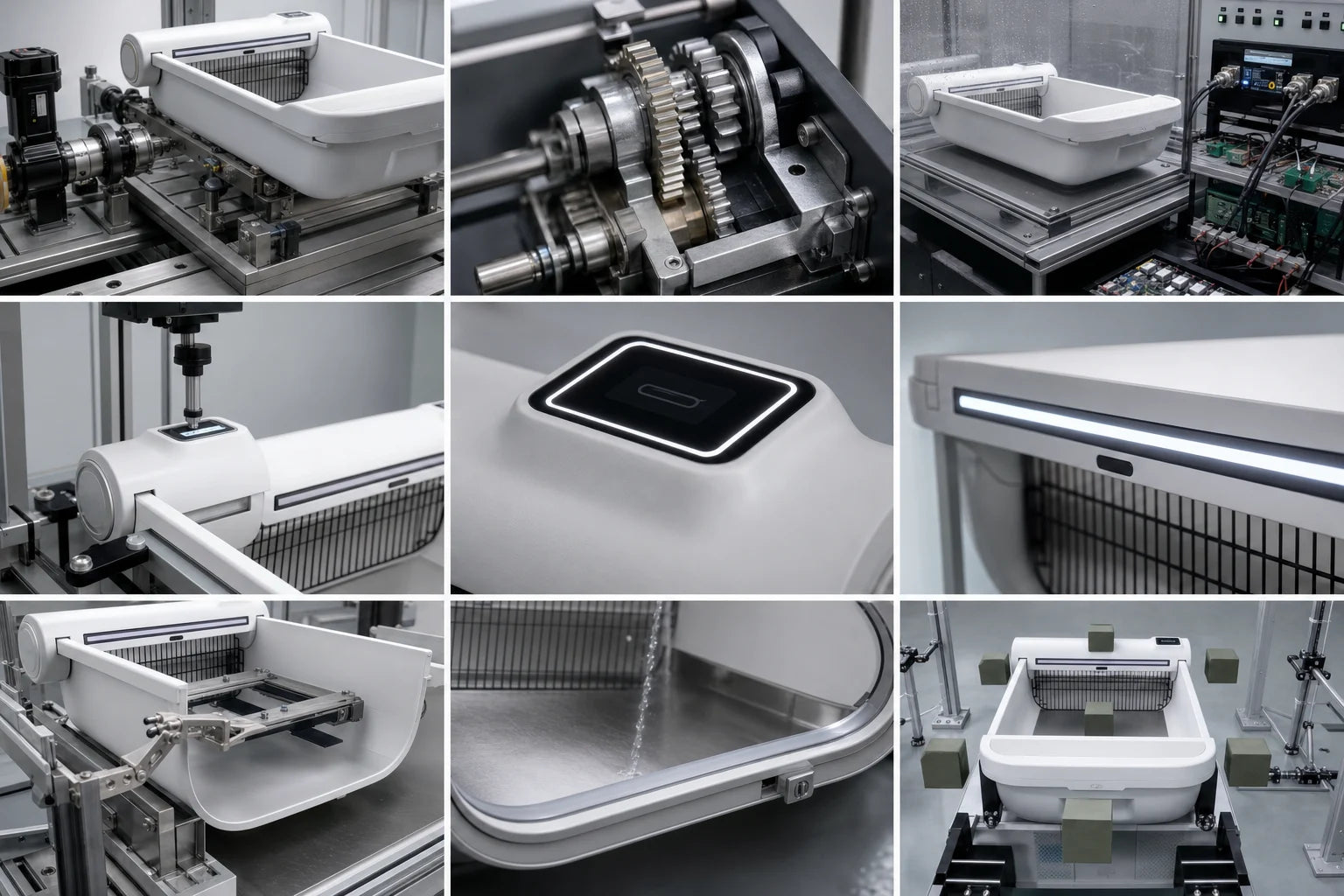 Illustrative nine-part laboratory test plan for Hanakuto motors, gears, electronics, controls, cleaning parts, basin, and safety sensing