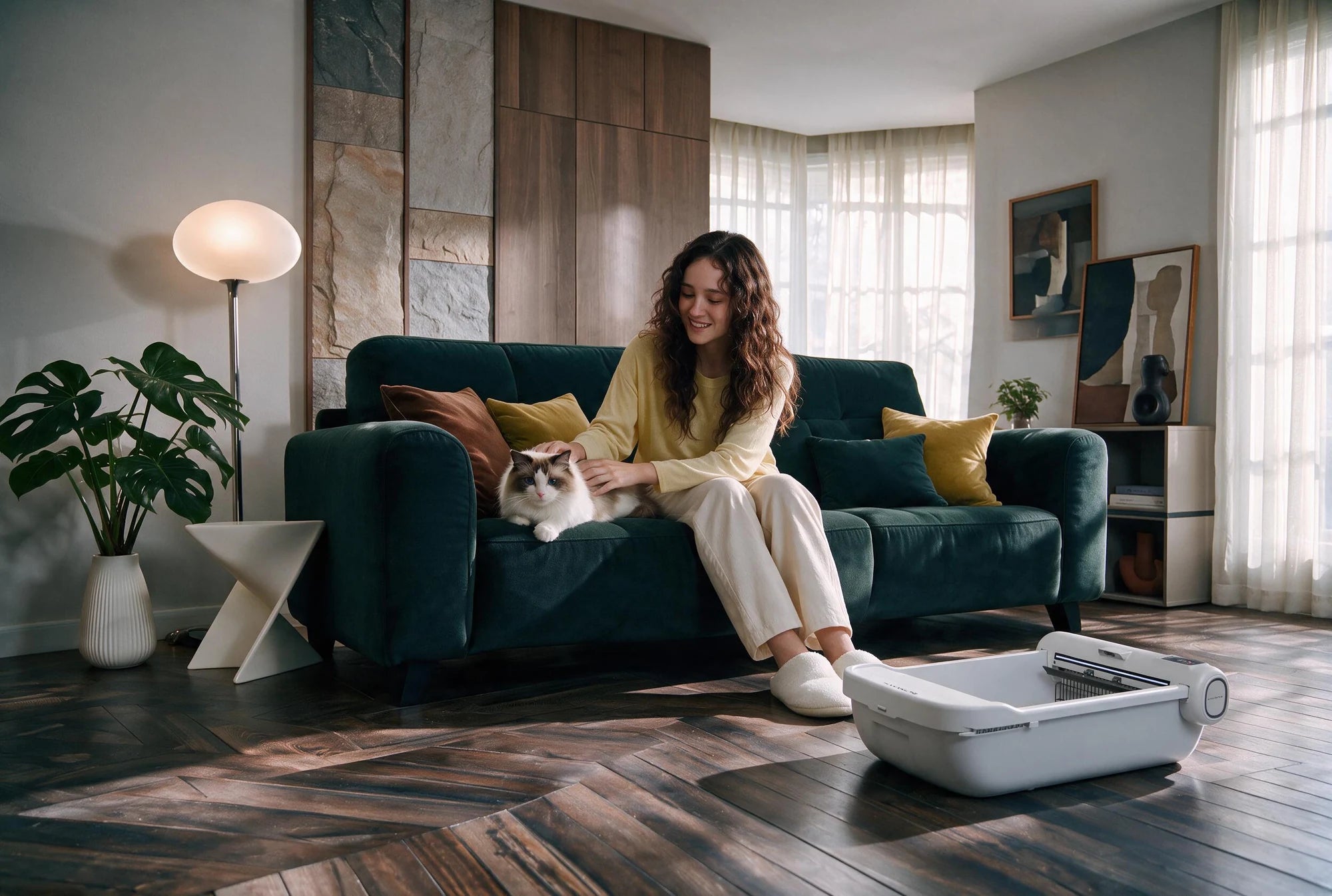 Hanakuto with a cat and owner at home
