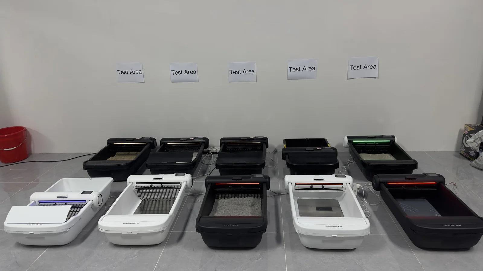 Ten Hanakuto prototypes arranged in a testing area