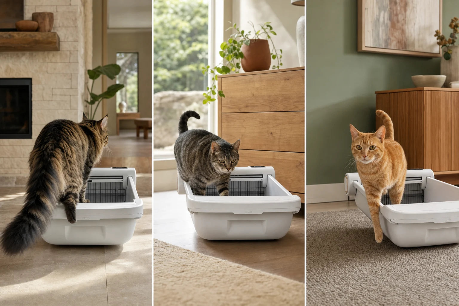Illustrative scenes of a large cat, a senior cat, and a three-legged rescue cat using an open-top smart litter box