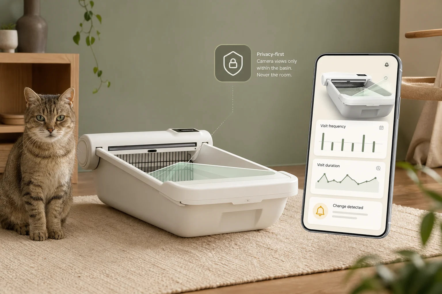 Illustrative Hanakuto app concept showing a senior cat's litter box visit patterns and privacy-focused basin framing