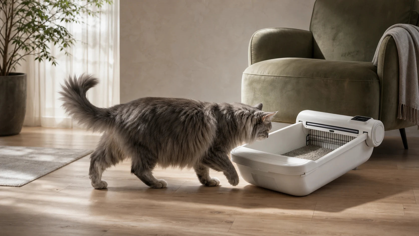 A senior Maine Coon approaching the low entrance of a white Hanakuto smart litter box