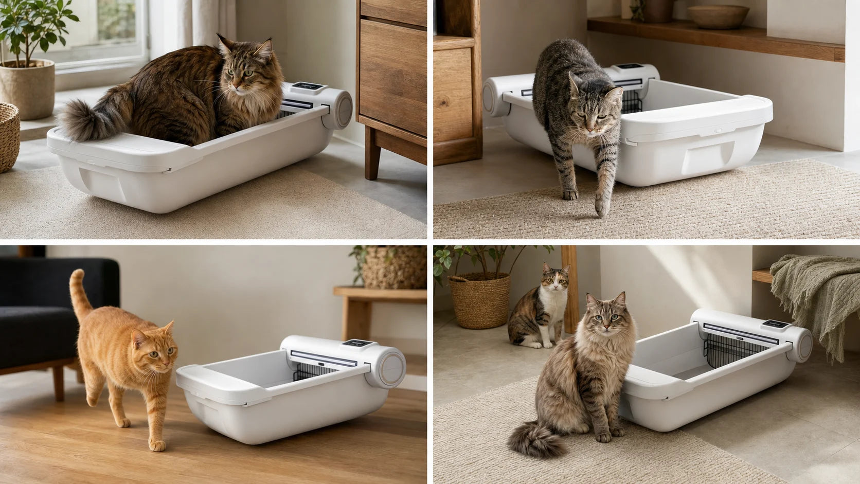 Illustrative home scenarios with large, senior, mobility-limited, and multiple cats around an open-top smart litter box