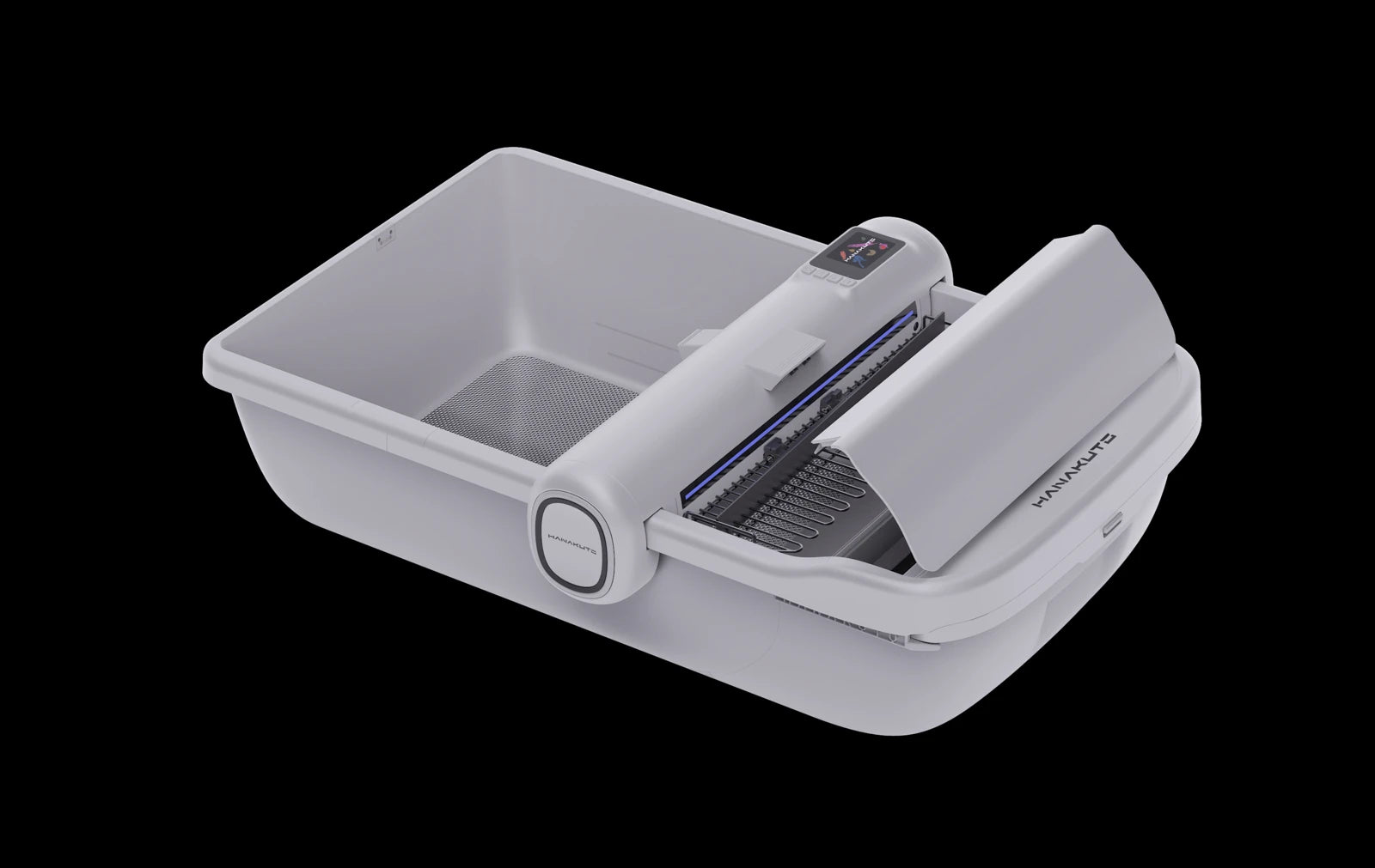 Rendering of the cleaning rake and waste lid in operation
