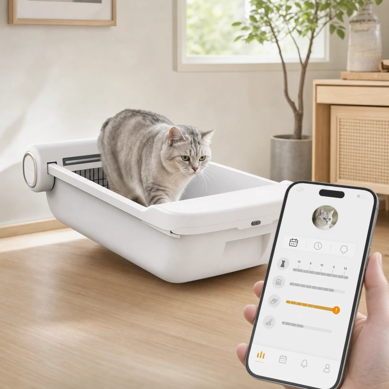Illustration of a cat using Hanakuto and individual visit records in the app